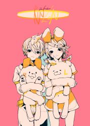 Rule 34 | 1boy, 1girl, 3kuma, animal hands, arm warmers, black eyes, bow, character name, commentary, cowboy shot, expressionless, hair bow, hair ornament, hairclip, head tilt, highres, holding, holding stuffed toy, kagamine len, kagamine rin, limited palette, miniskirt, pink background, short hair, short sleeves, side-by-side, signature, skirt, spiked hair, standing, stuffed animal, stuffed toy, swept bangs, vocaloid