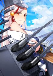Rule 34 | 1girl, blonde hair, blush, closed mouth, hat, headgear, highres, jacket, kantai collection, katsuobushi (eba games), long hair, long sleeves, machinery, massachusetts (kancolle), multicolored hair, red eyes, red hair, rigging, shirt, sleeveless, sleeveless shirt, smile, solo, streaked hair, turret, upper body, white shirt