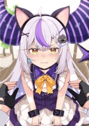 Rule 34 | 2girls, ahoge, animal ears, bare shoulders, black horns, braid, braided bangs, fang, fang out, female pov, frilled shirt collar, frilled skirt, frills, grey hair, highres, hololive, horns, kyabetsu ningen, la+ darknesss, long hair, looking at viewer, multicolored hair, multiple girls, pointy ears, pov, purple hair, skirt, streaked hair, striped horns, takane lui, virtual youtuber, yellow eyes