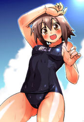 Rule 34 | 00s, 1girl, black one-piece swimsuit, black school swimsuit, blush, breasts, brown eyes, brown hair, fang, gluteal fold, grin, itokatsu, kusakabe misao, lucky star, name tag, one-piece swimsuit, open mouth, school swimsuit, short hair, smile, solo, sweat, swimsuit, thighs