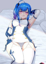 Rule 34 | 1girl, absurdres, ahoge, armpits, azur lane, bad id, bad pixiv id, bare shoulders, bed, bed sheet, blue hair, blurry, blurry foreground, blush, breasts, clothes writing, clothing cutout, commentary request, depth of field, dress, elbow gloves, garter straps, gloves, gradient hair, hair between eyes, highres, large breasts, licking lips, looking at viewer, lying, mole, mole on arm, multicolored hair, on back, on bed, one side up, purple eyes, purple hair, short dress, sideboob, sidelocks, skindentation, solo, st. louis (azur lane), suzuharu toufu, thighhighs, thighs, tongue, tongue out, two-tone dress, underboob cutout, white gloves, white thighhighs