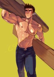 Rule 34 | 1boy, abs, armpits, bara, biceps, brown hair, carrying over shoulder, denim, feet out of frame, highres, jeans, large pectorals, male focus, mocucumo, muscular, muscular male, navel, nipples, open pants, original, pants, pectorals, topless male, short hair, sideburns, smile, solo, stomach, sweat, thick eyebrows, thighs