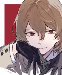 Rule 34 | 1boy, akechi gorou, black gloves, border, brown hair, brown jacket, caddy cyd, closed mouth, commentary, gloves, hair between eyes, jacket, long sleeves, looking to the side, male focus, persona, persona 5, portrait, red background, red eyes, shadow, shirt, short hair, smile, solo, white border, white shirt
