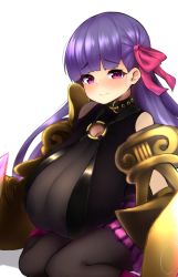 Rule 34 | 1girl, bare shoulders, belt collar, black pantyhose, blunt bangs, blush, breast rest, breasts, choker, claw (weapon), claws, cleavage, closed mouth, clothing cutout, collar, fate/extra, fate/extra ccc, fate (series), feet out of frame, gauntlets, gigantic breasts, hair ribbon, highres, long hair, looking at viewer, o-ring, o-ring top, pantyhose, passionlip (fate), pink eyes, pink ribbon, puffy shorts, purple hair, raised eyebrows, ribbon, shorts, shortstack, shoulder cutout, sitting, solo, wariza, watari1118, weapon
