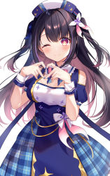 Rule 34 | 1girl, ;), bare shoulders, black hair, blue dress, blue hat, blue nails, blush, breasts, brown hair, closed mouth, clothing cutout, dress, hair between eyes, hair ribbon, hands up, hat, heart, heart hands, highres, hina misora, kisaragi yuri, long hair, looking at viewer, medium breasts, multicolored hair, nail polish, one eye closed, plaid, plaid dress, pleated dress, puffy short sleeves, puffy sleeves, red eyes, ribbon, ribbon trim, short sleeves, shoulder cutout, simple background, smile, solo, two-tone hair, two side up, very long hair, virtual youtuber, wactor production, white background