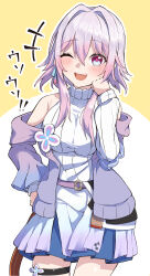 Rule 34 | 1girl, absurdres, belt, blue eyes, blue skirt, blush, breasts, commentary request, cowboy shot, detached sleeves, earrings, flower ornament, gradient jacket, hand on own cheek, hand on own face, hand on own hip, happy, highres, honkai: star rail, honkai (series), jacket, jewelry, layered skirt, long sleeves, march 7th (feast) (honkai: star rail), march 7th (honkai: star rail), medium breasts, medium hair, nemu7777, off shoulder, one eye closed, open mouth, pink eyes, pink hair, pink jacket, purple jacket, purple skirt, single earring, skindentation, skirt, sleeveless, sleeveless turtleneck, solo, sweater, teeth, thigh strap, translation request, turtleneck, turtleneck sweater, two-tone eyes, upper teeth only, white skirt, white sweater
