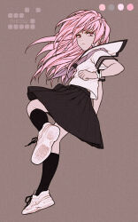Rule 34 | 1girl, black socks, brown background, circle name, closed mouth, color guide, from behind, full body, grey skirt, hair ornament, halftone, highres, kneehighs, leg up, long hair, looking at viewer, looking back, neckerchief, original, pink eyes, pink hair, pleated skirt, purple neckerchief, rustle, sailor collar, sailor shirt, school uniform, serafuku, shirt, shoelaces, shoes, short sleeves, simple background, skirt, sneakers, socks, solo, standing, standing on one leg, summer uniform, white footwear, white sailor collar, white shirt
