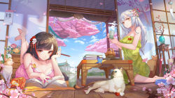 Rule 34 | 2girls, absurdres, barefoot, blush, book, book stack, brown hair, bug, butterfly, calendar, cat, chengchenwang, cherry blossoms, cup, dress, feet, flower, flower pot, green dress, hair flower, hair ornament, highres, holding, holding cup, indoors, bug, legs up, long hair, looking at viewer, lying, md5 mismatch, multiple girls, on stomach, open door, original, pink dress, reading, siamese cat, sitting, sliding doors, soles, spring (season), sundress, table, tea, teacup, teapot, vase, wariza, white hair, wooden floor