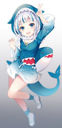 Rule 34 | 1girl, :d, absurdres, animal hood, blue eyes, blue hair, blue hoodie, blue socks, blunt bangs, blush, breasts, collarbone, fins, fish tail, full body, gawr gura, gawr gura (1st costume), gradient background, grey background, hair ornament, highres, hololive, hololive english, hood, hoodie, long sleeves, looking at viewer, multicolored hair, open mouth, shark girl, shark hood, shark tail, sharp teeth, shoes, silver hair, small breasts, smile, sneakers, socks, solo, streaked hair, tail, teeth, tess (88884), v, virtual youtuber, white footwear