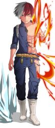 Rule 34 | 10s, 1boy, abs, boku no hero academia, fire, full body, highres, looking at viewer, male focus, multicolored hair, muscular, red hair, silver hair, solo, todoroki shouto, torn clothes, undressing