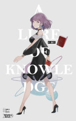 Rule 34 | 1girl, 2019, alternate costume, alternate hair length, alternate hairstyle, bare shoulders, black dress, black footwear, book, character name, commentary, contemporary, dress, earrings, full body, grey background, high heels, highres, jewelry, long sleeves, looking at viewer, no headwear, off-shoulder dress, off shoulder, patchouli knowledge, purple eyes, purple hair, reeh (yukuri130), short hair, simple background, smile, solo, touhou, walking