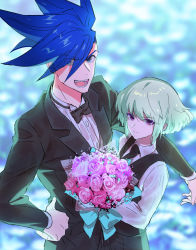 Rule 34 | 2boys, androgynous, asymmetrical hair, black bow, black bowtie, black vest, blue eyes, blue hair, blurry, blurry background, bouquet, bow, bowtie, collared shirt, flower, formal, galo thymos, green hair, highres, holding, holding bouquet, jacket, lio fotia, looking at viewer, male focus, mohawk, multiple boys, open mouth, pink flower, pink rose, promare, purple eyes, rice (rice8p), rose, shirt, short hair, sidecut, sidelocks, smile, suit, suit jacket, traditional bowtie, undercut, vest, white shirt, yaoi