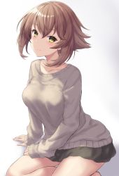 Rule 34 | 1girl, alternate costume, bare legs, black skirt, blush, breasts, brown hair, closed mouth, collarbone, green eyes, grey sweater, hair between eyes, highres, kantai collection, large breasts, long sleeves, looking at viewer, monoku, mutsu (kancolle), short hair, skirt, smile, solo, sweater
