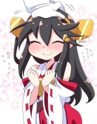 Rule 34 | 10s, 1girl, black hair, blush, detached sleeves, closed eyes, flying sweatdrops, hairband, hand on another&#039;s head, haruna (kancolle), japanese clothes, kantai collection, long hair, nontraditional miko, headpat, solo focus, tsukko (3ki2ne10), twitter username, wavy mouth, wide sleeves