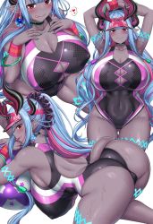 Rule 34 | 1girl, armpits, arms behind head, arms up, ass, back, ball, bare shoulders, beachball, black one-piece swimsuit, blue hair, blush, body markings, bracelet, breasts, choker, cleavage, collarbone, colored skin, covered erect nipples, covered navel, earrings, fang, fate/grand order, fate (series), gluteal fold, green nails, grey skin, heart, highleg, highleg swimsuit, highres, hitotsuki nebura, horns, huge ass, huge breasts, ibuki douji (fate), ibuki douji (swimsuit berserker) (fate), ibuki douji (swimsuit berserker) (first ascension) (fate), jewelry, licking lips, long hair, looking at viewer, multicolored hair, multiple views, nail polish, one-piece swimsuit, oni, oni horns, open mouth, pink hair, pink headwear, pink one-piece swimsuit, pointy ears, ponytail, red eyes, shiny skin, sidelocks, smile, spoken heart, swimsuit, tail, thighs, tongue, tongue out, two-tone swimsuit, very long hair, visor cap, wet, wide hips, wristband