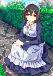 Rule 34 | 10s, 1girl, alternate costume, apron, black hair, brown eyes, dress, enmaided, flower, garden, haguro (kancolle), hair ornament, highres, kantai collection, konkito, long sleeves, maid, maid apron, maid headdress, personification, short hair, smile, solo