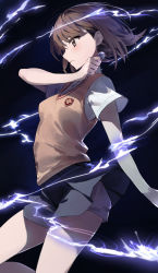 Rule 34 | 1girl, absurdres, black background, black skirt, blush, breasts, brown eyes, brown hair, brown vest, coin, commentary, electricity, electrokinesis, hand up, highres, holding, leg up, miniskirt, misaka mikoto, pleated skirt, shirt, short hair, short sleeves, shorts, shorts under skirt, skirt, solo, standing, standing on one leg, star741, symbol-only commentary, toaru majutsu no index, vest, white shirt