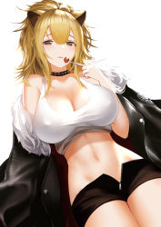 Rule 34 | 1girl, absurdres, an yasuri, animal ears, arknights, bare shoulders, black jacket, black shorts, blonde hair, blush, breasts, candy, choker, cleavage, collarbone, covered erect nipples, crop top, food, frown, fur-trimmed jacket, fur trim, hair between eyes, highres, holding, holding food, jacket, large breasts, lion ears, lollipop, long hair, looking at viewer, midriff, navel, off shoulder, open clothes, open fly, open jacket, shirt, shorts, sidelocks, siege (arknights), simple background, sleeveless, sleeveless shirt, solo, stomach, tank top, thighs, white background, white shirt, yellow eyes