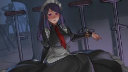 Rule 34 | 1girl, absurdres, apron, arm support, black dress, blush, bound, bound wrists, breasts, chair, closed mouth, commentary, dress, highres, indoors, jill stingray, juliet sleeves, large breasts, less, long hair, long sleeves, looking at viewer, maid, maid headdress, necktie, people, puffy sleeves, purple eyes, red neckwear, sitting, solo focus, sweatdrop, va-11 hall-a, waist apron