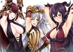 Rule 34 | 3girls, armpits, arms up, bad id, bad pixiv id, bare shoulders, black dress, blue eyes, blush, bodysuit, breasts, brown hair, cleavage, closed mouth, covered erect nipples, dress, elbow gloves, euryale (shingeki no bahamut), fang, gauntlets, gloves, granblue fantasy, hair between eyes, headpiece, highres, horns, large breasts, lips, long hair, looking at viewer, medusa (shingeki no bahamut), multiple girls, one eye closed, open mouth, parted lips, pointy ears, purple hair, red dress, red eyes, shingeki no bahamut, siblings, silver hair, simple background, sisters, sleeveless, sleeveless dress, slit pupils, smile, stheno (shingeki no bahamut), upper body, very long hair, white background, xter