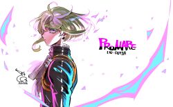 Rule 34 | 1boy, absurdres, ahoge, ascot, bae (baebae), black jacket, character name, colored eyelashes, copyright name, earrings, fire, from side, green hair, highres, jacket, jewelry, lio fotia, looking at viewer, male focus, parted lips, pink fire, promare, purple eyes, short hair, sidelocks, simple background, solo, trap, triangle earrings, white ascot, white background