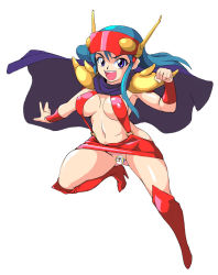 Rule 34 | 1990s (style), 1girl, antennae, blue hair, boots, breasts, cape, censored, cleavage, covered erect nipples, genji tsuushin agedama, grin, head-mounted display, high heel boots, high heels, highres, kuki rei, long hair, miniskirt, muimui, navel, no panties, open mouth, purple eyes, retro artstyle, revealing clothes, shoulder pads, skirt, smile, solo, suspenders, thigh boots, thighhighs, upskirt, wristband