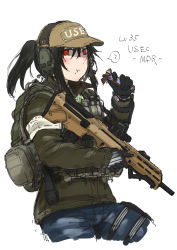 Rule 34 | 1girl, ?, assault rifle, automatic rifle, ayyh, backpack, bag, baseball cap, battle rifle, black hair, blush, bullpup, candy, candy bar, carbine, commentary request, desert tech mdr, ear protection, eating, escape from tarkov, food, gun, hat, highres, jacket, leg holster, military operator, red eyes, reflex sight, rifle, short ponytail, snickers (brand), tactical clothes, weapon, white background, wrapped candy