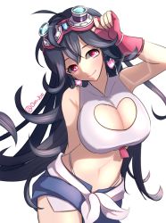 Rule 34 | 1girl, bad id, bad pixiv id, black hair, blush, breasts, cleavage, cleavage cutout, closed mouth, clothing cutout, denim, denim shorts, earrings, eyebrows, fingerless gloves, gloves, goggles, goggles on head, heart, heart-shaped pupils, heart cutout, heart earrings, jewelry, large breasts, long hair, looking at viewer, maplestory, maplestory 2, navel, peachy (maplestory 2), pink eyes, red gloves, saltycaramel, shorts, smile, solo, symbol-shaped pupils, thong, twitter username