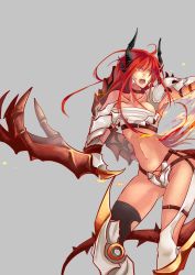 Rule 34 | 1girl, angry, artist request, breasts, chest sarashi, dragon girl, dragon tail, fangs, highres, horns, ironscale shyvana, large breasts, league of legends, long hair, monster girl, navel, open mouth, red hair, sarashi, shyvana, solo, tail, yellow eyes