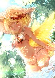 Rule 34 | 1girl, besuteia, bikini, bird wings, black bikini, blonde hair, blue sky, blush, breasts, brown hat, cleavage, commentary request, dutch angle, hat, highres, multicolored hair, navel, niwatari kutaka, open mouth, outdoors, red hair, sky, small breasts, solo, straw hat, swimsuit, touhou, two-tone hair, wading, wings, yellow eyes, yellow wings