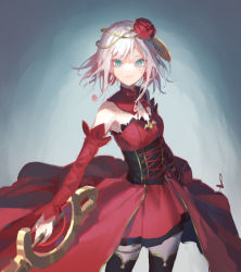 Rule 34 | 1girl, bare shoulders, black thighhighs, closed mouth, corset, cross-laced clothes, cross-laced corset, destiny (takt op.), detached sleeves, dress, eyelashes, facial mark, floating clothes, flower, gold trim, green eyes, grey hair, holding, holding sword, holding weapon, looking at viewer, medium hair, off shoulder, red dress, red flower, red rose, red skirt, rose, shijohane, signature, sketch, skirt, solo, sword, takt op., thighhighs, thorns, turtleneck, weapon