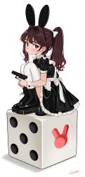 Rule 34 | 1girl, animal ears, apron, black dress, black footwear, black hairband, blue eyes, blush, boots, bow, brown hair, closed mouth, commentary, cross-laced footwear, dice, dress, elisia valfelto, eyebrows hidden by hair, frilled apron, frilled dress, frills, glock, gun, hair bow, hair intakes, hairband, handgun, highres, holding, holding gun, holding weapon, knees up, lace-up boots, luicent, maid, mini person, minigirl, nail polish, original, pink nails, pistol, ponytail, puffy short sleeves, puffy sleeves, rabbit ears, shadow, short sleeves, signature, sitting, solo, symbol-only commentary, thick eyebrows, thighhighs, thighhighs under boots, weapon, white apron, white background, white bow, white thighhighs, white wrist cuffs, wrist cuffs