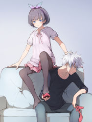 Rule 34 | 1boy, 1girl, :t, black pantyhose, black shirt, blue eyes, blush, brown hair, closed mouth, collarbone, couch, frilled sleeves, frills, hair ribbon, hand on another&#039;s head, high heels, highres, holding, holding shoes, lavender shirt, looking away, original, pants, pantyhose, pink skirt, pleated skirt, polka dot, polka dot ribbon, red eyes, red footwear, ribbon, sharpheon, shirt, shoes, short hair, short sleeves, sitting, skirt, v-shaped eyebrows, white hair