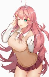 Rule 34 | 1girl, absurdres, ahoge, bad id, bad pixiv id, beige vest, blue eyes, breasts, commentary request, go-toubun no hanayome, hair between eyes, hair ornament, highres, jasony, large breasts, long hair, long sleeves, looking at viewer, nakano itsuki, one eye closed, pleated skirt, red hair, red skirt, shirt, skirt, solo, star (symbol), star hair ornament, thighs, tongue, tongue out, very long hair, white shirt
