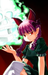Rule 34 | 1girl, alternate hair color, animal ears, bow, braid, breasts, cat ears, cat girl, crossed legs, dress, extra ears, female focus, ghost, green dress, hair bow, horikawakyo, kaenbyou rin, light smile, looking at viewer, open hand, pointy ears, purple hair, red background, red eyes, short hair, sitting, skull, solo, thighhighs, touhou, twin braids, white thighhighs