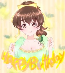 Rule 34 | 10s, 1girl, bow, breasts, brown eyes, brown hair, clenched hands, closed mouth, commentary, dress, emblem, english text, girls und panzer, green dress, hair bow, hair ribbon, happy birthday, highres, koyama yuzu, lace, lace-trimmed dress, lace trim, large breasts, lips, looking at viewer, medium hair, nail polish, pamchapyuzu, puffy short sleeves, puffy sleeves, ribbon, short ponytail, short sleeves, smile, solo, turtle, upper body, w arms, yellow bow, yellow nails, yellow ribbon