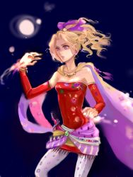 Rule 34 | 1990s (style), 1girl, blonde hair, cape, detached sleeves, earrings, female focus, final fantasy, final fantasy vi, gradient background, highres, jewelry, long hair, night, pantyhose, ponytail, purple eyes, retro artstyle, sep7777, solo, tina branford