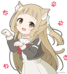 Rule 34 | 1girl, :d, animal ears, blush, bow, brown eyes, brown hair, cat ears, cat girl, cat tail, commentary request, dress, grey dress, grey jacket, hair bow, hands up, jacket, long hair, long sleeves, looking at viewer, mitya, nogi sonoko, open clothes, open jacket, open mouth, paw pose, paw print, paw print background, ponytail, puffy long sleeves, puffy sleeves, red bow, sailor collar, sailor dress, simple background, smile, solo, tail, twitter username, very long hair, washio sumi wa yuusha de aru, white background, white bow, white sailor collar, yuusha de aru
