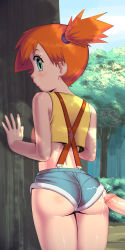 Rule 34 | 1boy, 1girl, against tree, alternate color, apostle, ass, back, bare shoulders, blue sky, blush, cloud, cloudy sky, creatures (company), crop top, crop top overhang, cropped legs, cum, cum on ass, cum on clothes, day, denim, denim shorts, ejaculation, forest, from behind, game freak, green eyes, highres, looking at viewer, looking back, midriff, misty (pokemon), nature, nintendo, orange hair, outdoors, penis, pokemon, pokemon (anime), pokemon (classic anime), ponytail, profile, revealing clothes, shiny skin, shirt, short hair, short ponytail, short shorts, shorts, side ponytail, sky, sleeveless, sleeveless shirt, solo focus, suspenders, tank top, tree, uncensored, wide ponytail, yellow shirt