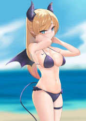 Rule 34 | 1girl, absurdres, bare shoulders, beach, bikini, black bikini, blonde hair, blue eyes, blurry, blurry background, breasts, bright pupils, cleavage, closed mouth, cowboy shot, demon girl, from side, hands on own neck, highres, hololive, horns, large breasts, long hair, looking at viewer, navel, ocean, pointy ears, rifufu, solo, swimsuit, tail, tattoo, thigh strap, tsurime, virtual youtuber, wings, yuzuki choco