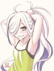 Rule 34 | 1girl, armpits, arms behind head, arms up, asashimo (kancolle), blush, bunching hair, camisole, ebifly, green camisole, green eyes, grin, hair over one eye, kantai collection, looking at viewer, one eye covered, ponytail, sharp teeth, signature, simple background, smile, solo, teeth, upper body, white background, white hair