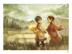 Rule 34 | 1boy, 1girl, bad id, bad pixiv id, black hair, border, brown hair, cloud, colored pencil (medium), closed eyes, highres, looking back, mixed media, mountain, muted color, open mouth, original, ponytail, rice paddy, running, scenery, signature, sky, smile, taku (fishdrive), third-party edit, traditional media, tree, wheat, white border