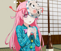 Rule 34 | 1girl, alcohol, blue shirt, blush, bottle, bow, bowtie, breasts, buttons, circle, collared shirt, commentary request, cross, door, drunk, floor, glass, hands up, hata no kokoro, highres, indoors, kbal98, long hair, long sleeves, looking to the side, mask, medium breasts, open mouth, pink eyes, pink hair, plaid, plaid shirt, purple bow, purple bowtie, sake, shirt, sliding doors, solo, squeans, star (symbol), touhou, triangle, wall