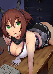 Rule 34 | 10s, 1girl, all fours, bare shoulders, blush, book, breasts, brown hair, cleavage, desk, gloves, green eyes, headgear, highres, kantai collection, large breasts, looking at viewer, mutsu (kancolle), nac000, open mouth, short hair, skirt, solo, thighhighs