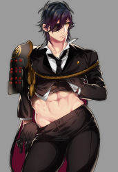 Rule 34 | 10s, 1boy, abs, bulge, clothes lift, clothes pull, eyepatch, formal, gloves, highres, looking away, male focus, muscular, pants, pants pull, pectorals, shirt lift, shokudaikiri mitsutada, simple background, solo, suit, tagme, touken ranbu, undressing