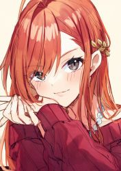 Rule 34 | 1girl, ahoge, arisugawa natsuha, blush, chobo ume, highres, idolmaster, idolmaster shiny colors, jewelry, light smile, looking at viewer, necklace, off-shoulder sweater, off shoulder, orange hair, own hands together, pearl necklace, red sweater, simple background, solo, sweater, upper body, white background