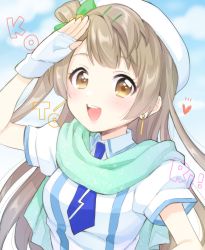 Rule 34 | 1girl, arm up, blue necktie, blush, bow, breasts, brown eyes, brown hair, character name, earrings, fingerless gloves, gloves, green bow, hair bow, hair ornament, hairclip, heart, highres, jewelry, long hair, looking at viewer, love live!, love live! school idol project, medium breasts, minami kotori, necktie, open mouth, puffy short sleeves, puffy sleeves, short sleeves, smile, solo, white gloves, white headwear, yui (spica)