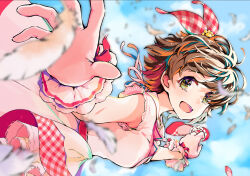 Rule 34 | 1girl, absurdres, azureyard, bow, breasts, checkered clothes, checkered dress, cloud, cloudy sky, commentary request, dress, falling, falling feathers, feathers, flats, frilled footwear, frilled sleeves, frilled wrist cuffs, frills, from side, hair bow, hair ornament, highres, holding, holding shoes, honda mio, idol, idolmaster, idolmaster cinderella girls, idolmaster cinderella girls starlight stage, jewelry, looking at viewer, looking to the side, medium breasts, necklace, official alternate costume, open hand, open mouth, pink dress, red footwear, shoes, short hair, short sleeves, sky, slippers, smile, solo, sparkling eyes, straight hair, upper body, wrist cuffs