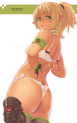 Rule 34 | 10s, 1girl, aner (qqan00), armband, ass, blonde hair, blush, boots, bra, bracelet, dragon nest, elf, flat ass, green eyes, highres, jewelry, lingerie, looking back, panties, pointy ears, ponytail, see-through, side-tie panties, solo, sweat, thong, underwear, underwear only