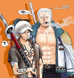 Rule 34 | 2boys, ?, bare pectorals, beard, black hair, cigar, facial hair, goatee, height difference, jacket, kokorozashi, long sideburns, looking at another, male focus, mature male, military, military uniform, multiple boys, muscular, muscular male, one piece, open clothes, open jacket, open shirt, over shoulder, pectorals, short hair, sideburns, smoker (one piece), smoking, stubble, sword, sword over shoulder, trafalgar law, uniform, upper body, weapon, weapon over shoulder, white hair